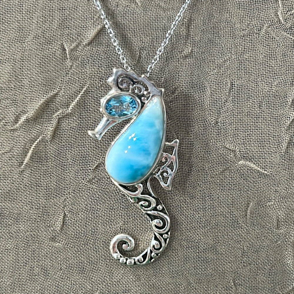Larimar Cabochon Blue Topaz Seahorse  Sterling Silver Pendant on Chain